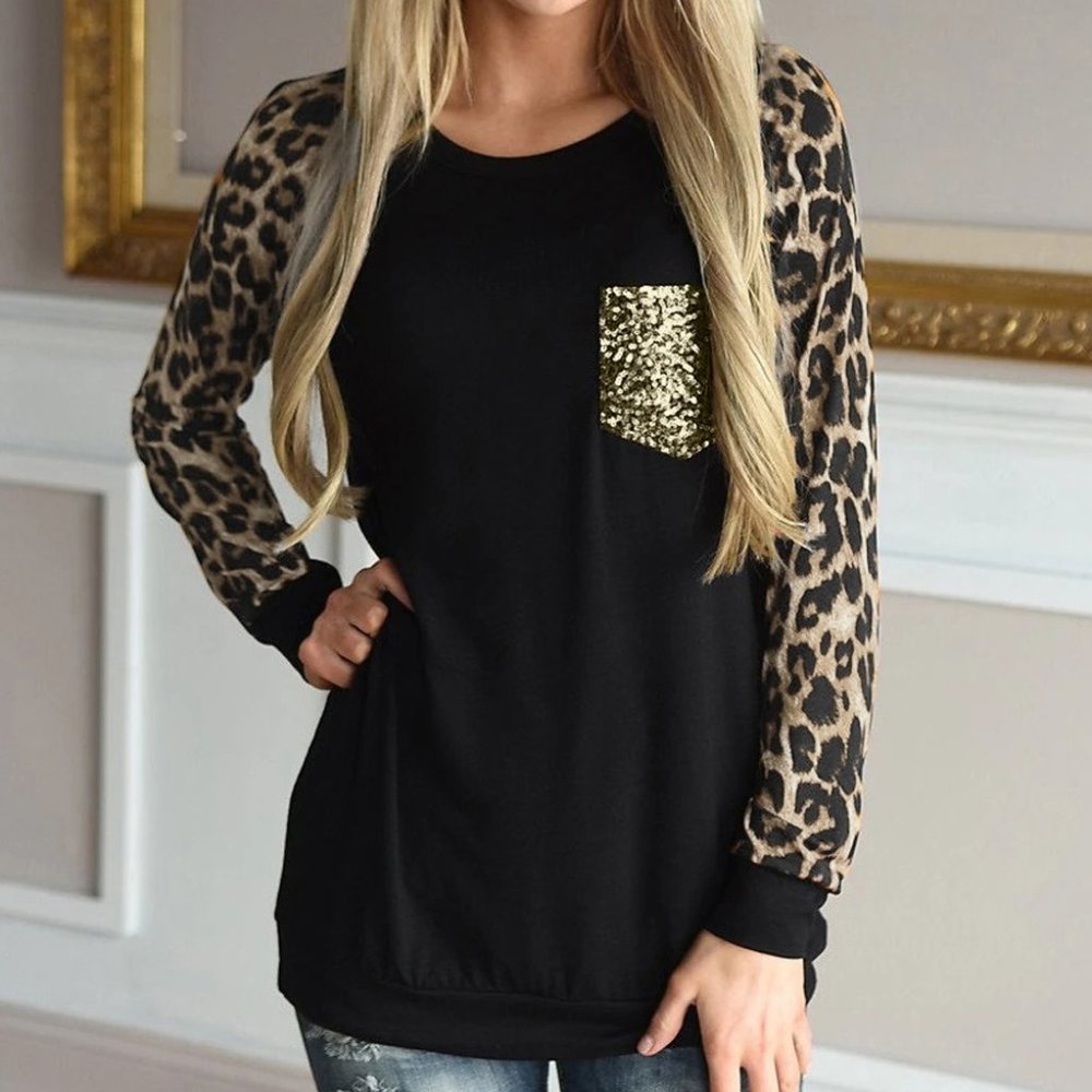 JUST IN! Leopard Sleeve Sequin Pocket Shirt